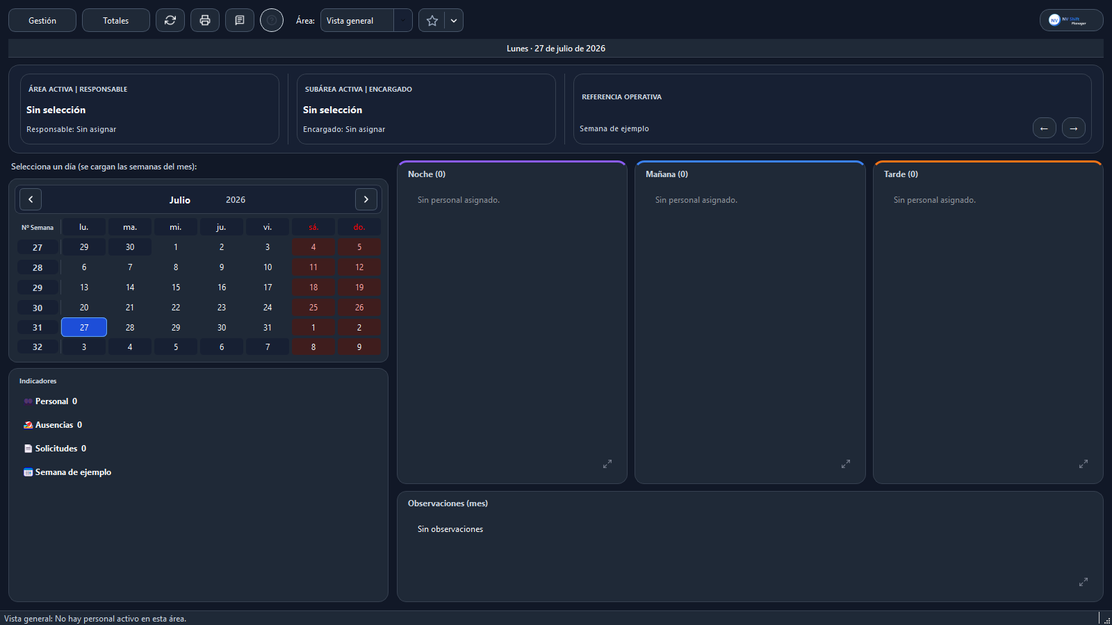 Pantalla de inicio alternativa de NV Shift Manager con indicadores operativos