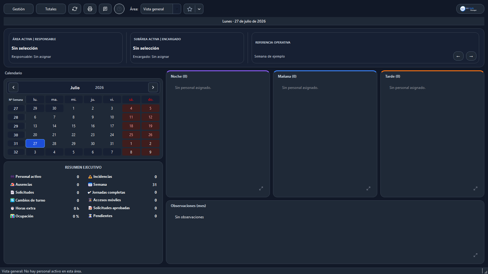 Pantalla de inicio de NV Shift Manager con calendario, turnos y resumen ejecutivo